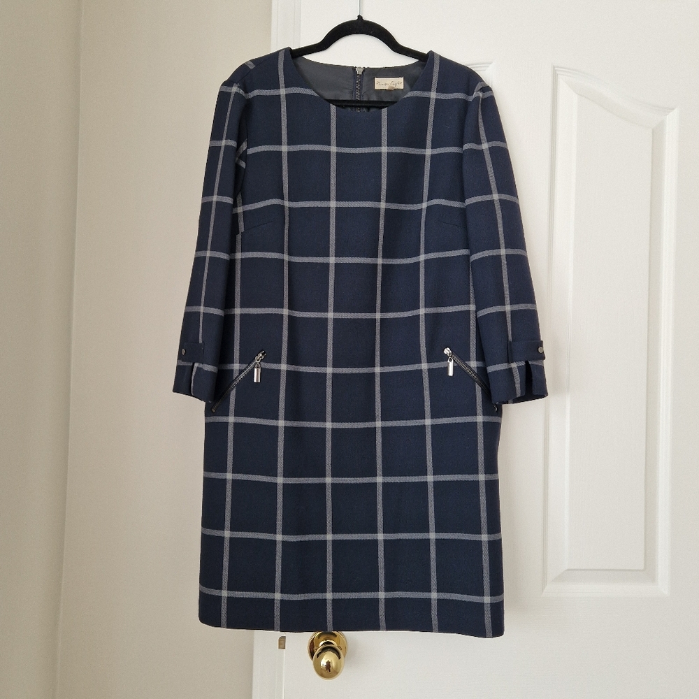 Phase Eight Navy Checkered Dress with Zipper Accents